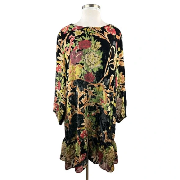 ABS Collection Crushed Velvet Floral Dress Long Sleeve Ruffle Black Plus Size 22 - Picture 2 of 15